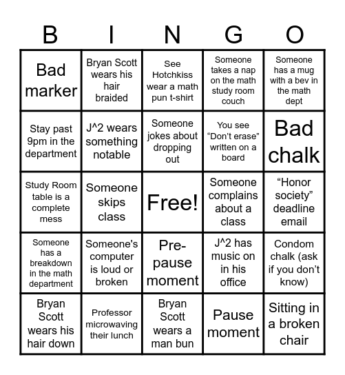 Math Department Bingo Card