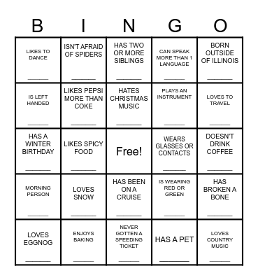 Jingle Mingle Bingo Card