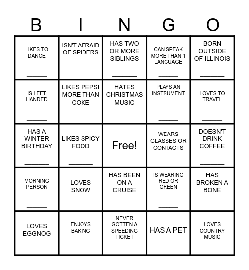 Jingle Mingle Bingo Card