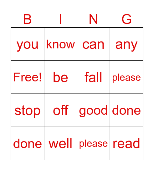 HFW Bingo Card