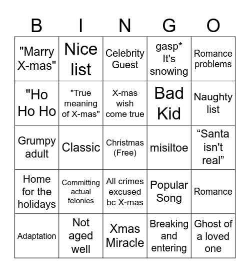 Christmas Cliche Bingo Card