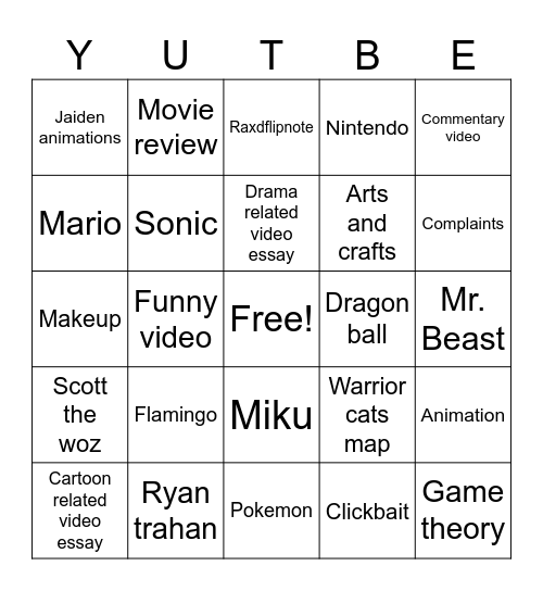 YT bingo Card