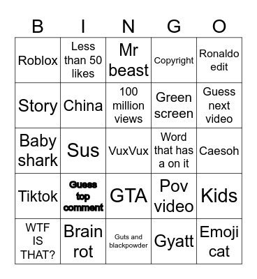YouTube shorts Bingo Card