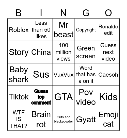 YouTube shorts Bingo Card