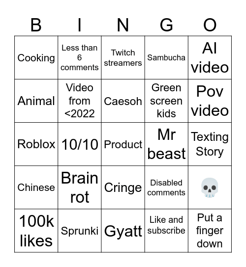 Brain rot video Bingo Card
