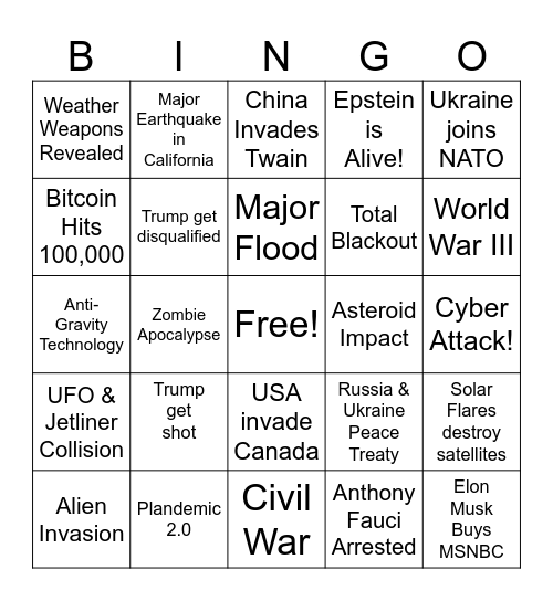 2024: Conspiracy Apocalypse Bingo Card