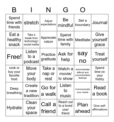 Self Care Bingo Card