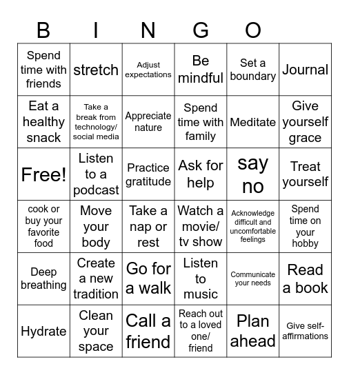 Self Care Bingo Card