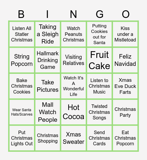 Christmas Activities Bingo Card