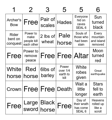 Revelation 6 Bingo Card