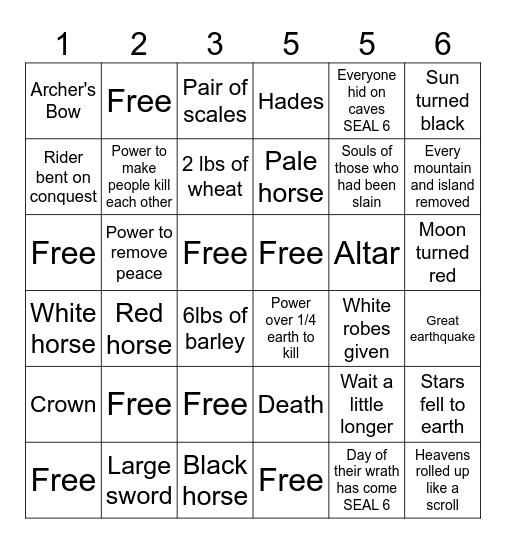Revelation 6 Bingo Card