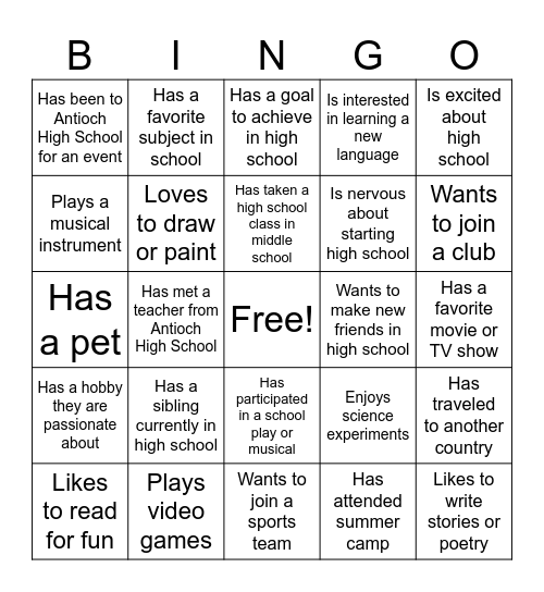 Transitioning to High School BINGO Card