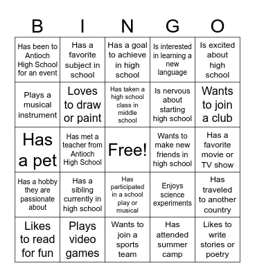 Transitioning to High School BINGO Card