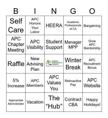 CSUN APC Holiday Bingo Card