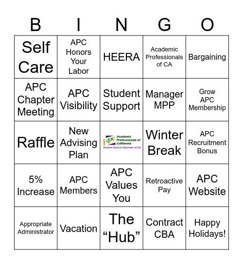 CSUN APC Holiday Bingo Card