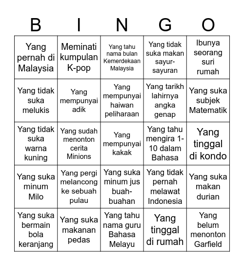 Bingo Bahasa Bingo Card