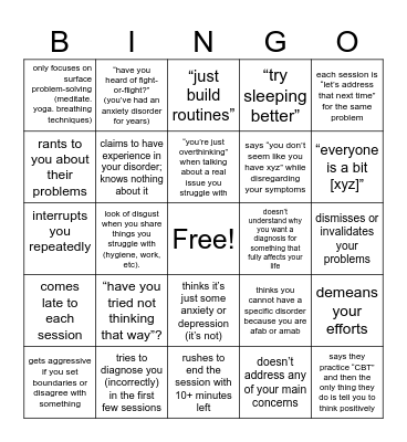 Shitty Therapist Bingo Card