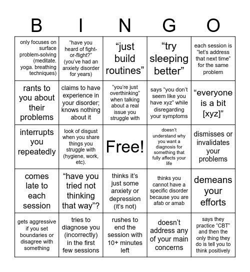 Shitty Therapist Bingo Card