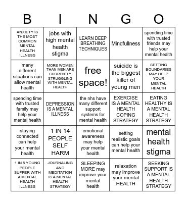 MENTAL HEALTH Bingo Card