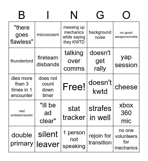 Raid Bingo Card