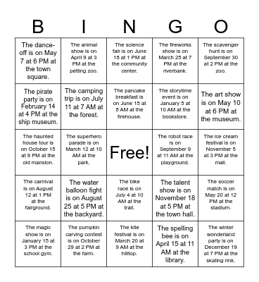 Event, Date, Time, Place Bingo Card