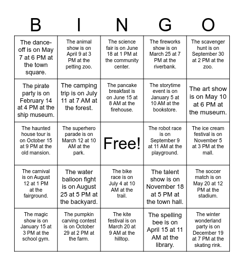 Event, Date, Time, Place Bingo Card