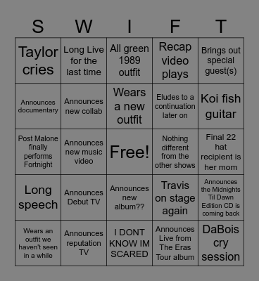 Final Eras Tour Show Bingo Card