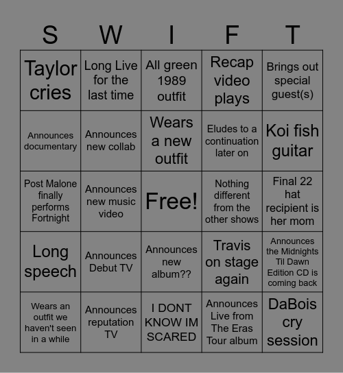 Final Eras Tour Show Bingo Card