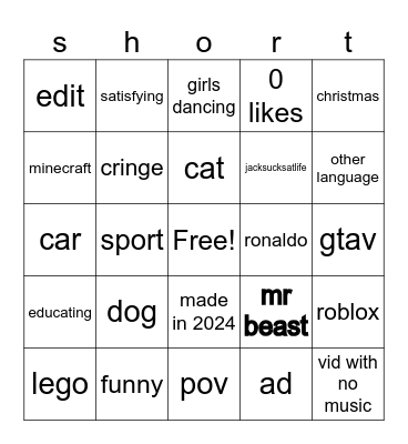 youtube shorts bingo Card