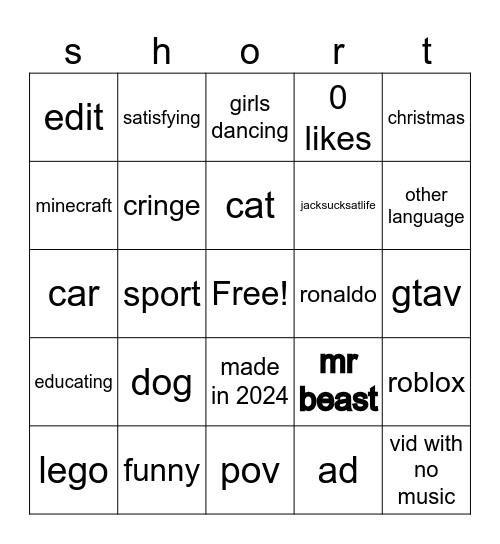 youtube shorts bingo Card