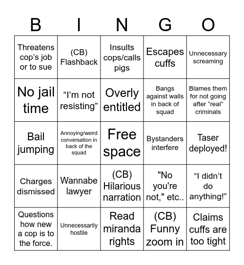 Bodycam Bingo Card