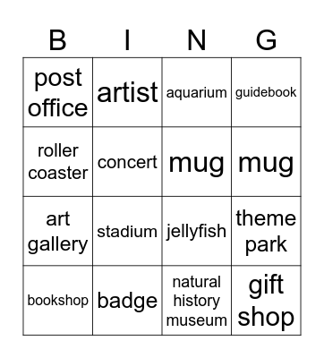 Attractions Bingo Card