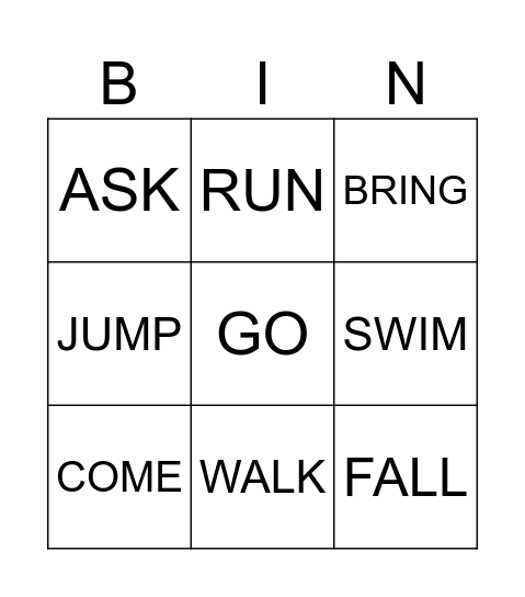 VERBS Bingo Card