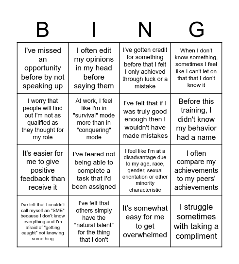 Imposter Syndrome Bingo Card