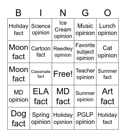 Facts vs Opinions Bingo Card