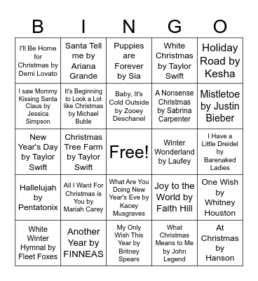 Current Christmas Songs Bingo Card