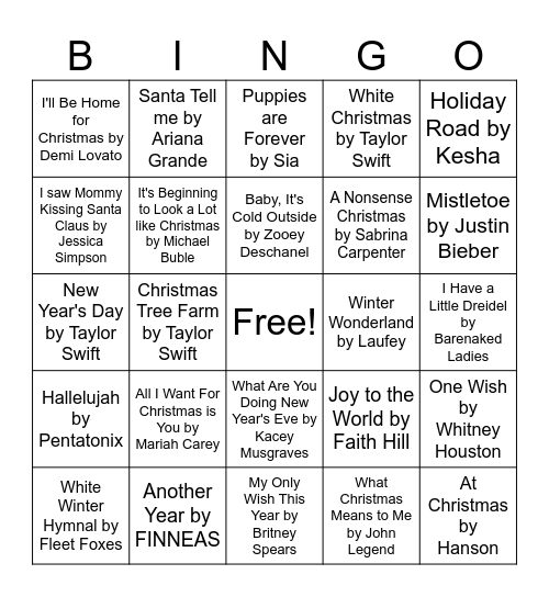 Current Christmas Songs Bingo Card