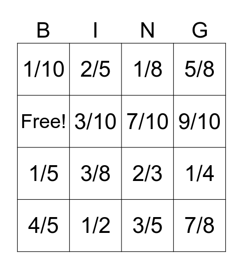 Fractions Bingo Card
