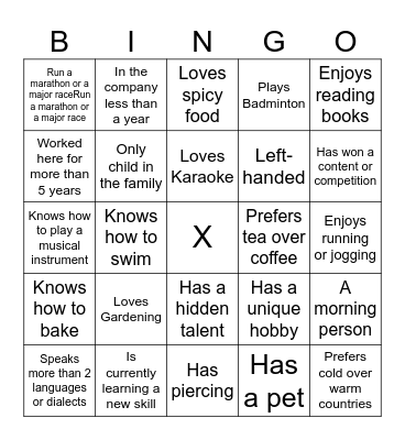 Getting to Know You Bingo Card