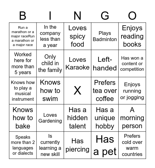 Getting to Know You Bingo Card