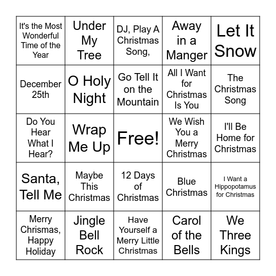 Christmas Song Bingo Card