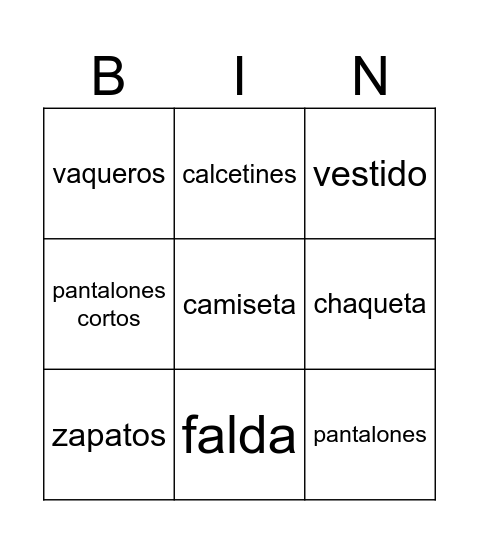 Ropa español Bingo Card