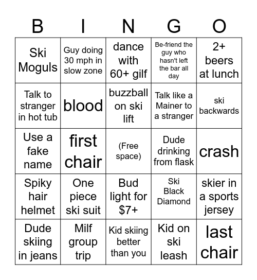 Ski Trip Bingo Card