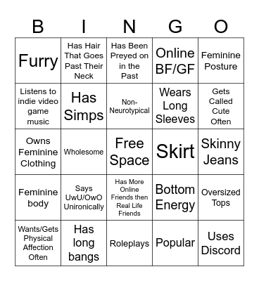Femboy Bingo Card