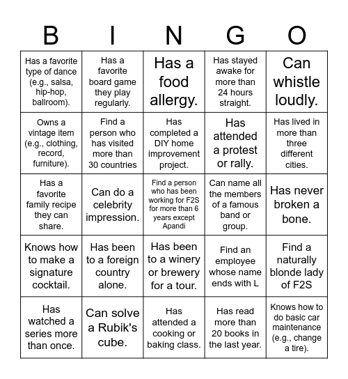 Fly2Sky Human Bingo Card