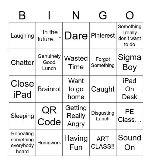 School Bingo Card
