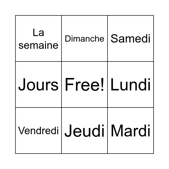 BINGO- JOURS DE LA SEMAINE Bingo Card