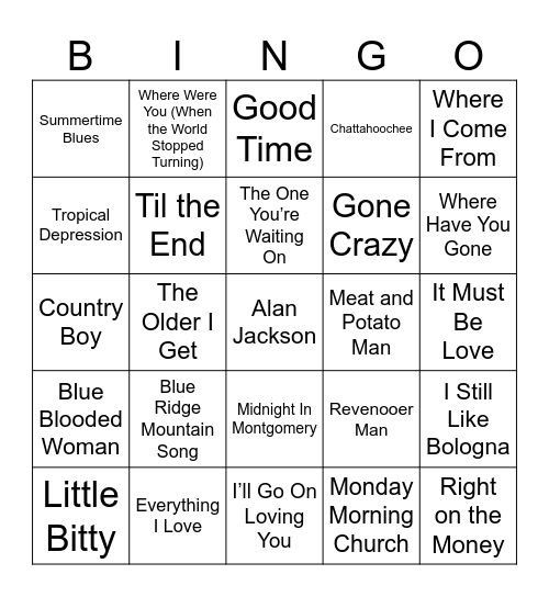 Alan Jackson Bingo Card