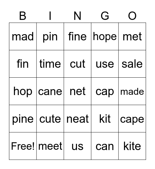 Short & Long Vowels Bingo Card