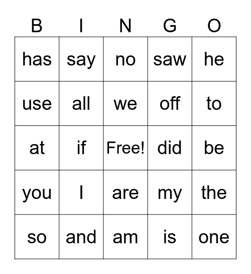 Word Bingo Card